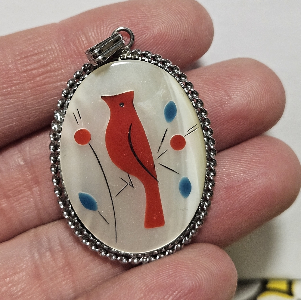 Vtg Navajo Zuni Cardinal Mother of Pearl Coral Inlay Pendant